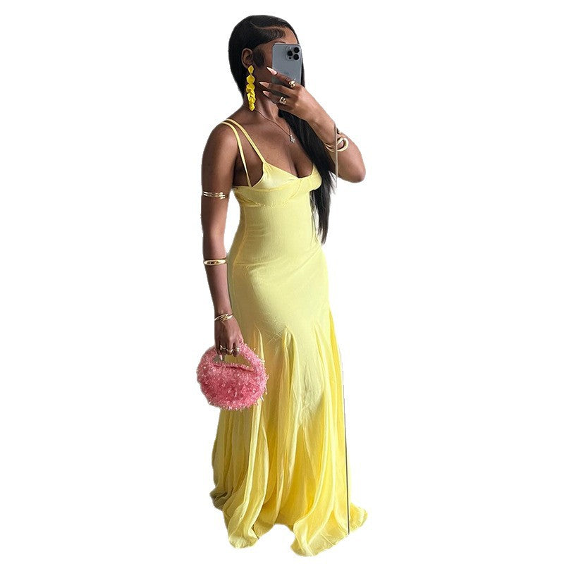 European and american women's clothing  autumn new sweet and fresh spaghetti strap v-neck high-waisted slimming a-line maxi dress