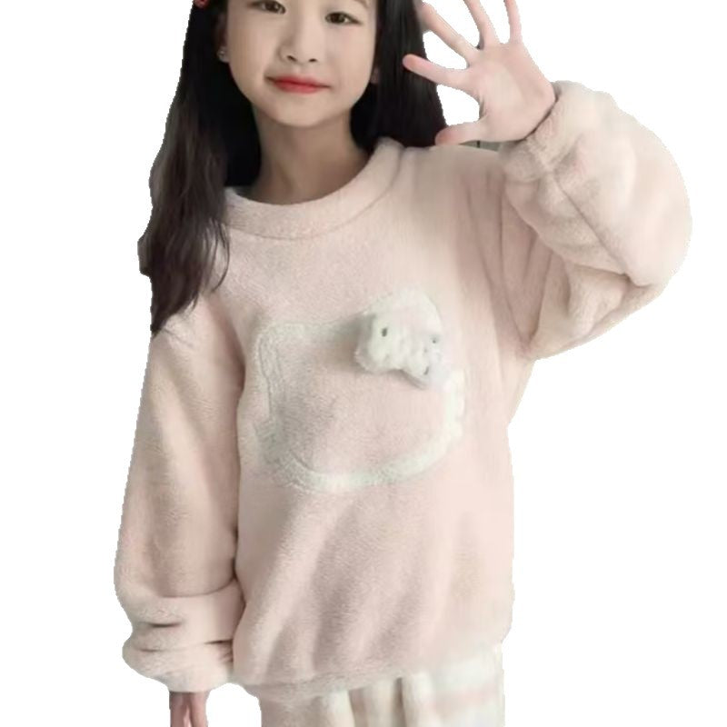 Children's fall and winterthickenedheattech velvet pajamas set for girls sweet baby boyfleece-lined