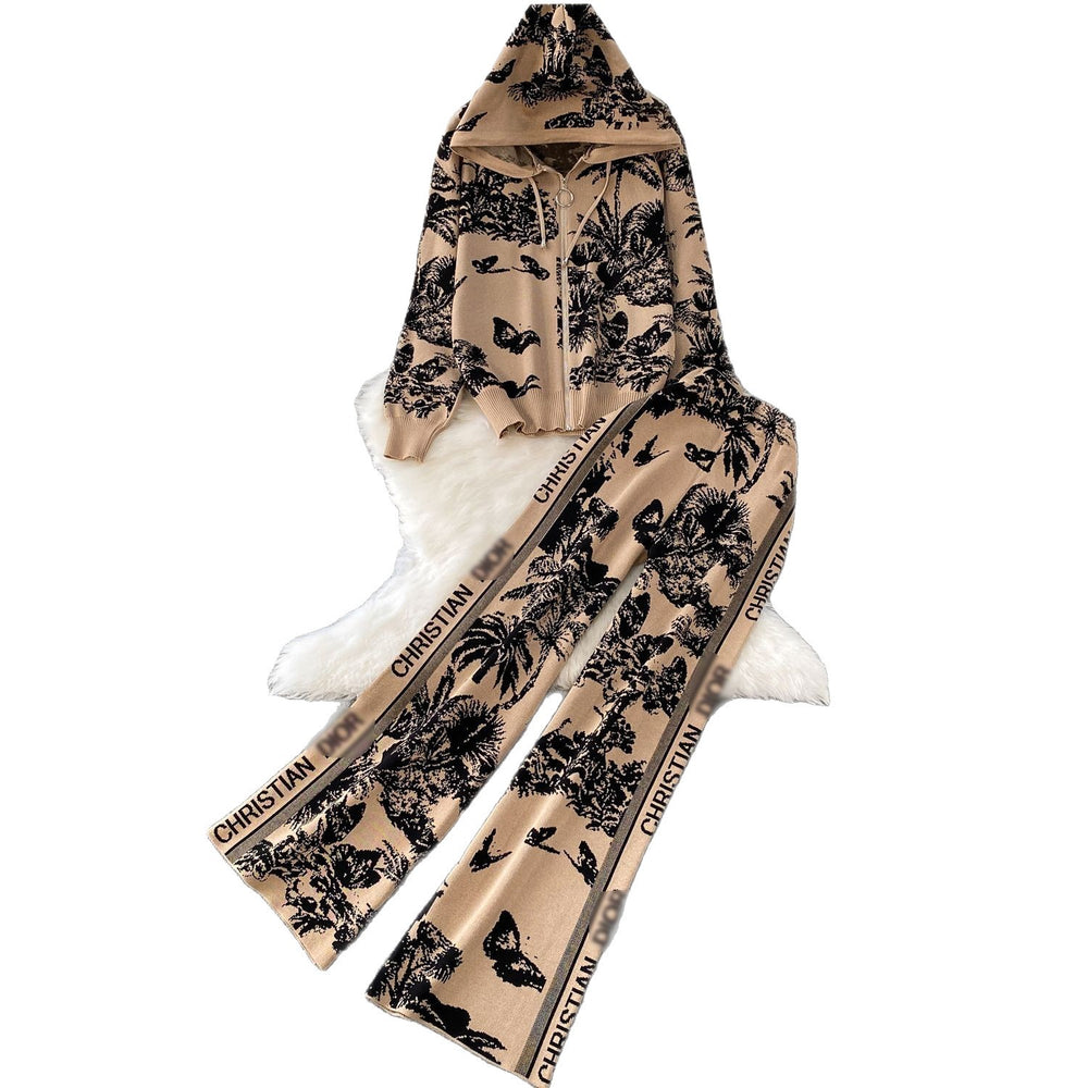 Trendy printed outfit set for women: winter casual zip-up hooded knit sweatshirt jacket with high-waisted, slimming wide-leg pants