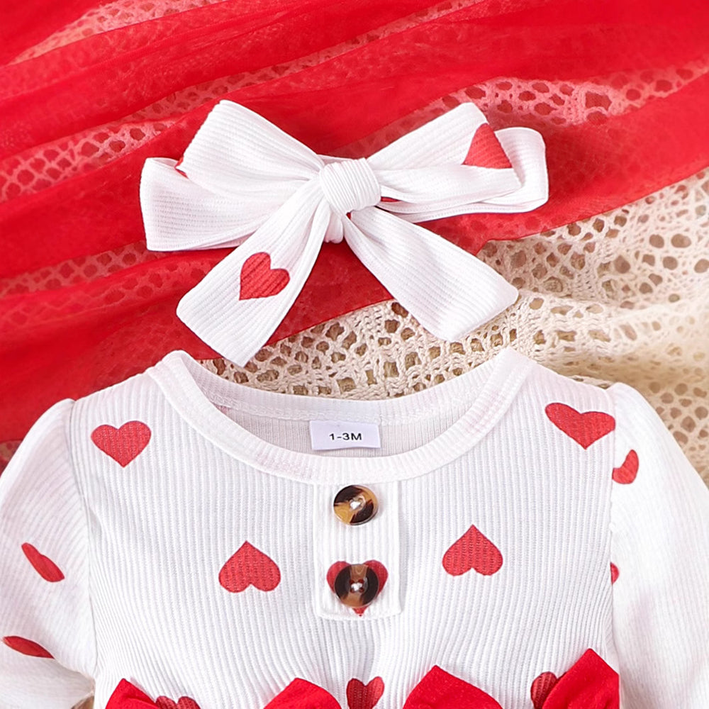 spring newborn infant round neck flutter sleeve heart print bowknot bodysuit, headband, and socks three-piece set