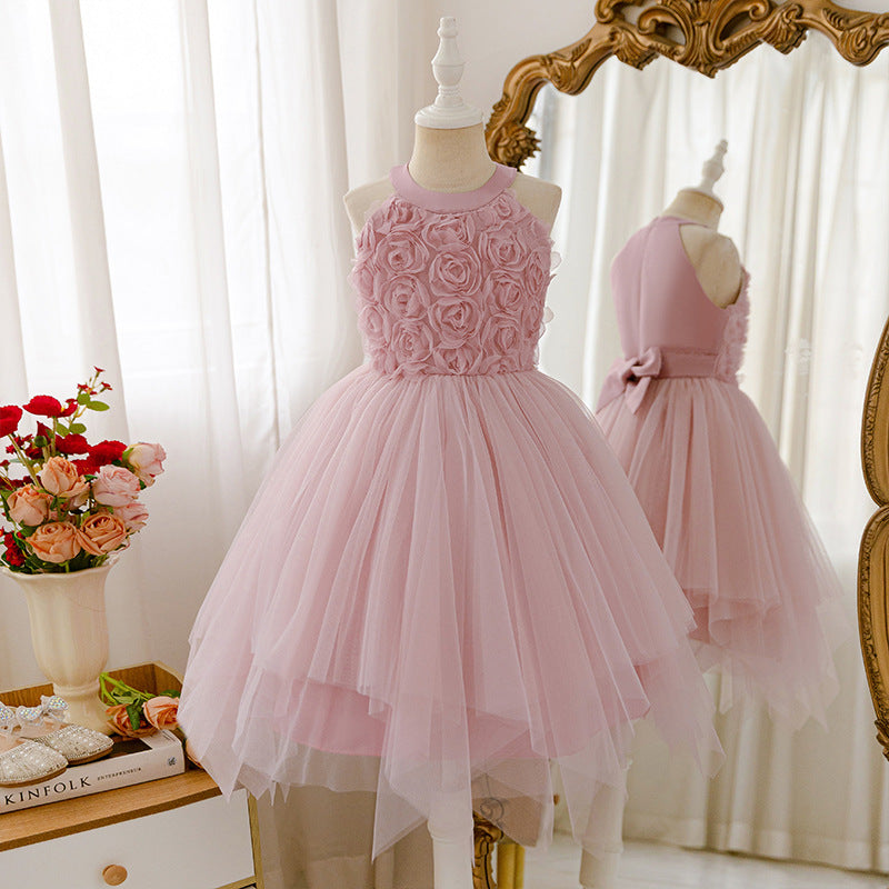 Girls' sleeveless halter dress with appliqué mesh overlay - sweet princess style for kids - perfect for export