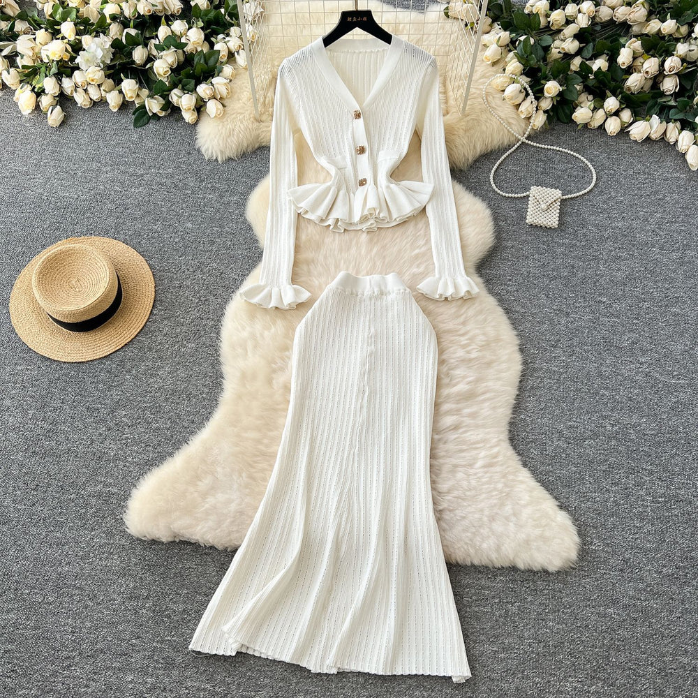 Xiaoxiangfengsuitfemalefall and winter celebrity classy sense waist lotus leaf hem knittingcardiganhigh waist hip skirt