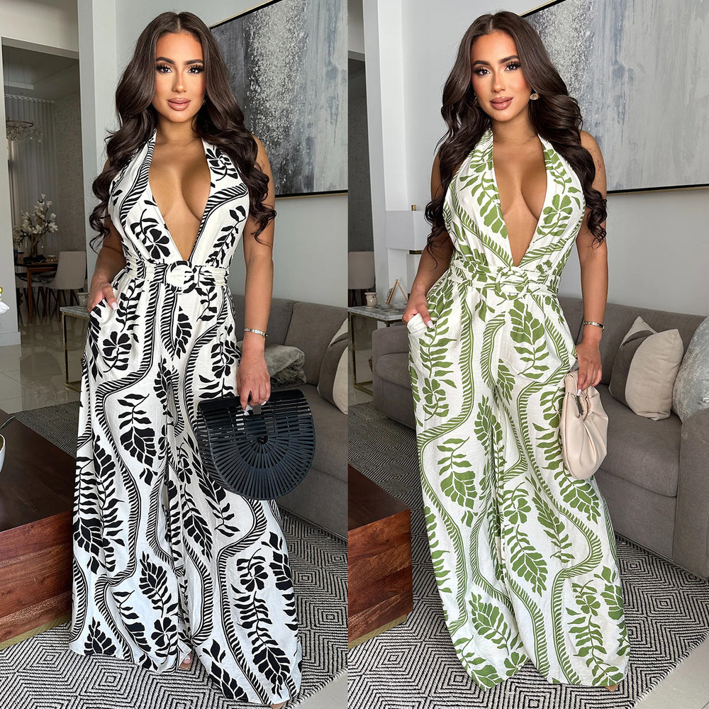 C7310 cross-border   fashion women's casual sexy deep v-neck backless printed jumpsuit