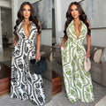 C7310 cross-border   fashion women's casual sexy deep v-neck backless printed jumpsuit