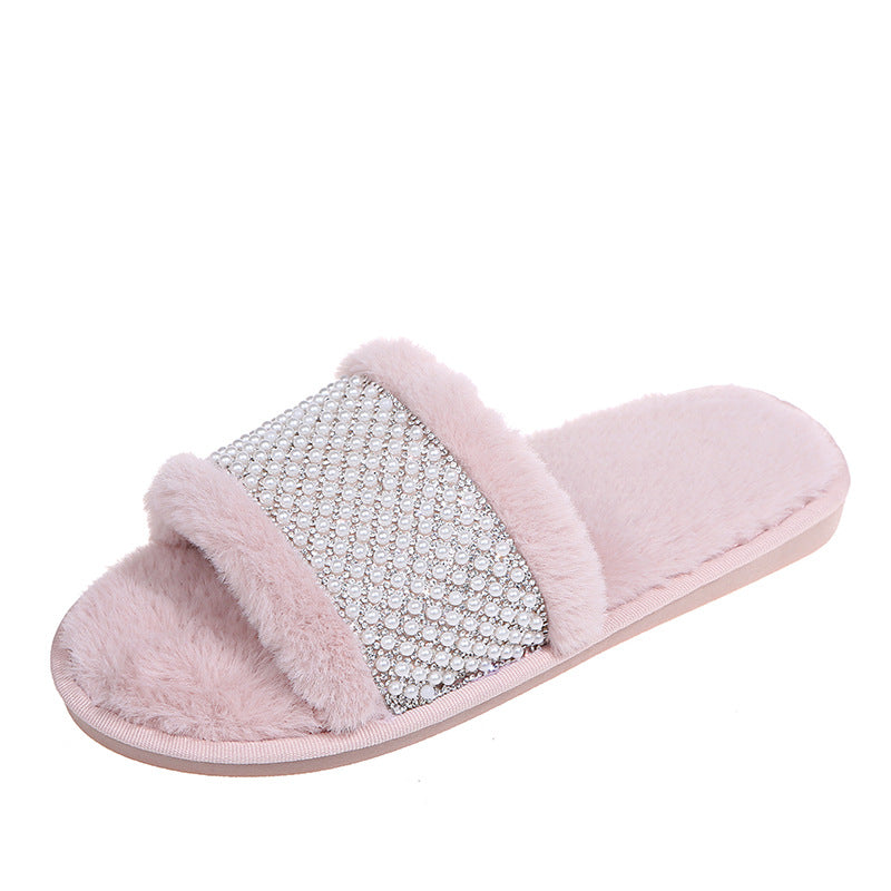 Fall and winteroutwear bunny fur open toe flip flops pearl rhinestone fur slippers women's indoor wooden floor cotton slippers
