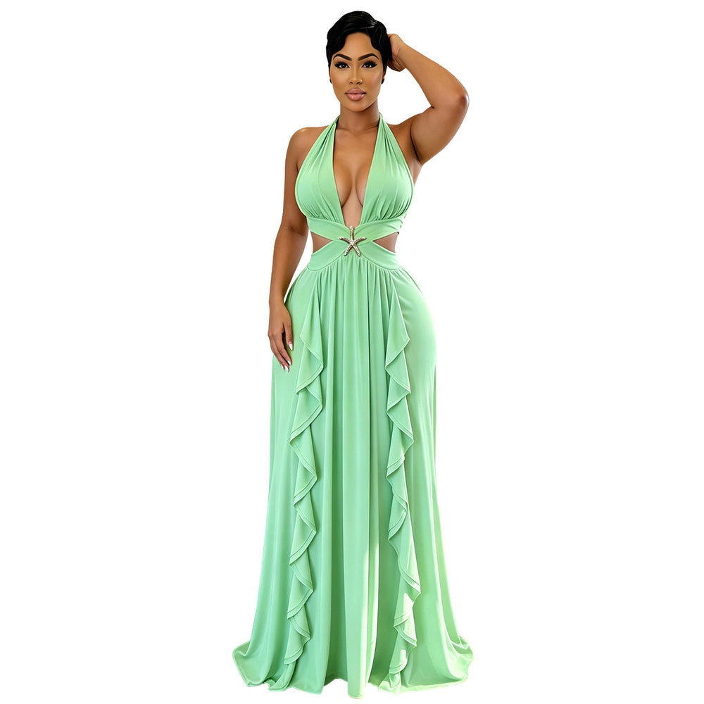 C7805 cross-border  new women's halter deep v cutout starfish ruffle maxi dress banquet evening gown