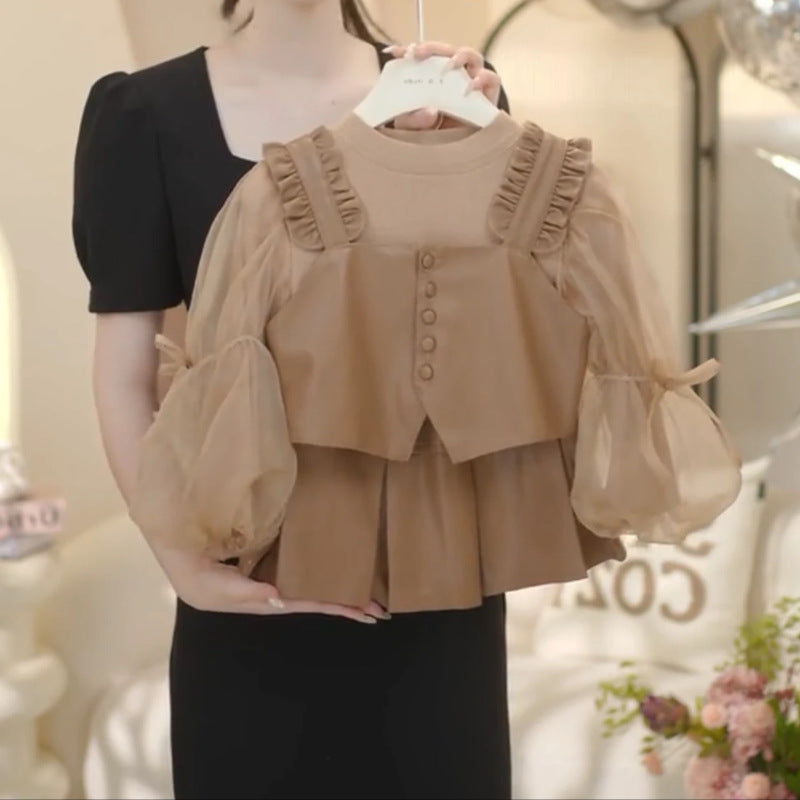 Girls' spring outfit : stylish little girl's leather three-piece set, autumn fashionable kids' base layer top, trendy