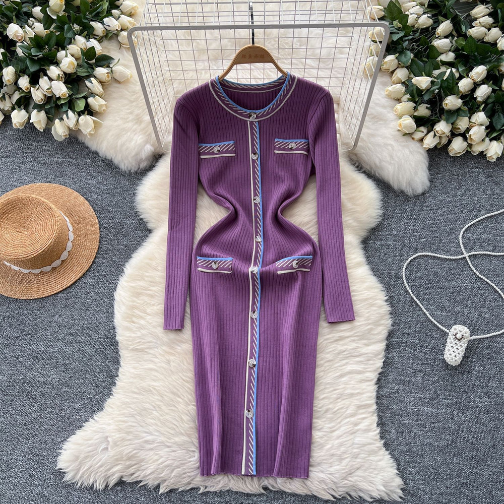 Classy small fragrance style retrocontrast color round neck button decoration waist slimming lookelegant bottom knitting shirt dress