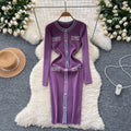 Classy small fragrance style retrocontrast color round neck button decoration waist slimming lookelegant bottom knitting shirt dress