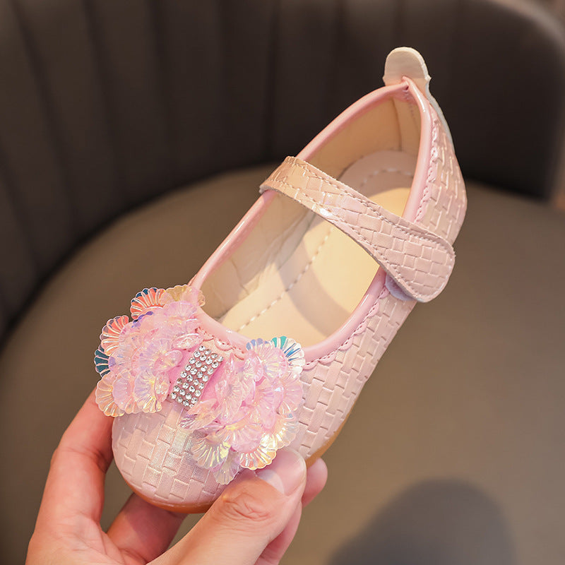 spring/autumn korean style new girls' leather shoes bow princess flats kids' velcro performance dance shoes