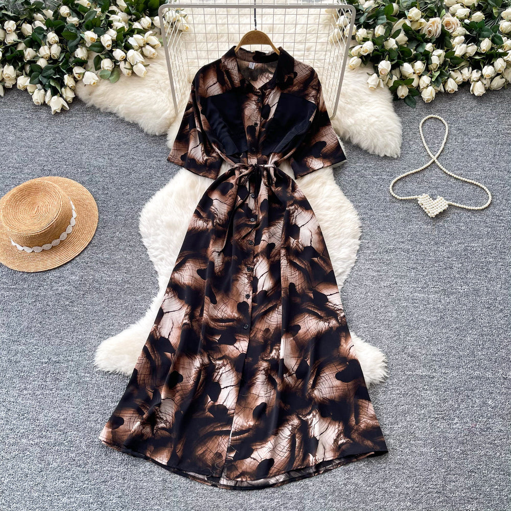 Frenchclassy sense of strap waist printingdress female k-style short-sleeved work clothingv neck a-line elegant long skirt