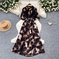Frenchclassy sense of strap waist printingdress female k-style short-sleeved work clothingv neck a-line elegant long skirt