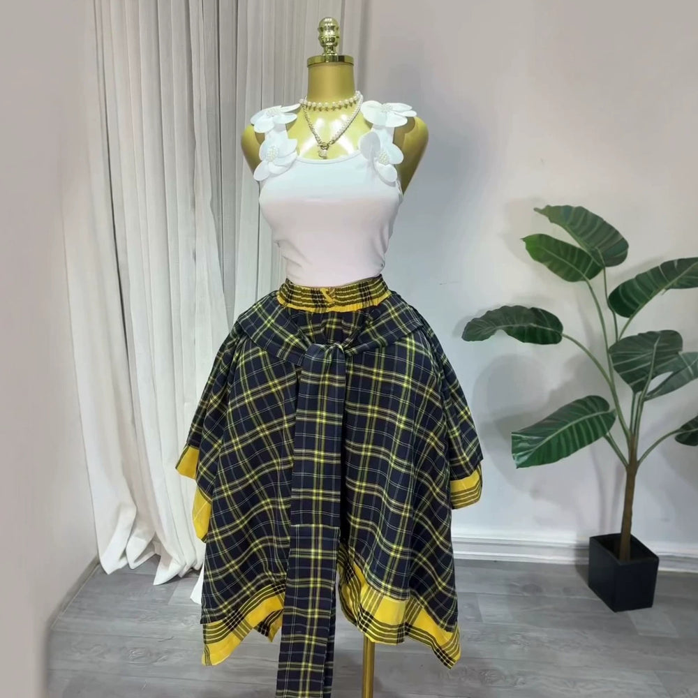 European and american cross-border women's fashion:  summer new arrival - high-waisted plaid tie-up asymmetrical a-line midi skirt
