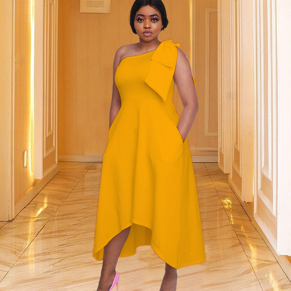 D3058m european and american women's clothing cross-border   one-shoulder big swing asymmetrical fashion dress cross-border dress
