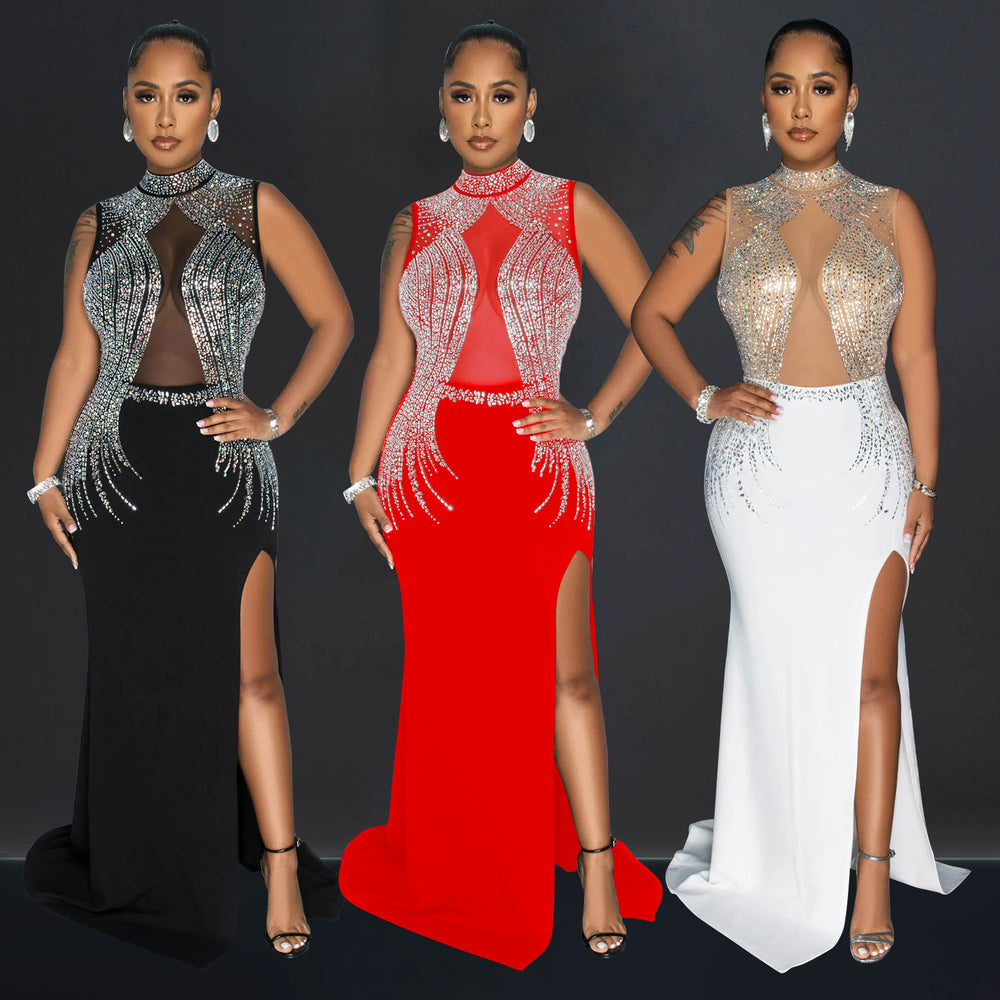 C6860 cross-border   fashion women's solid color mesh rhinestone slit maxi dress