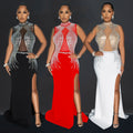 C6860 cross-border   fashion women's solid color mesh rhinestone slit maxi dress