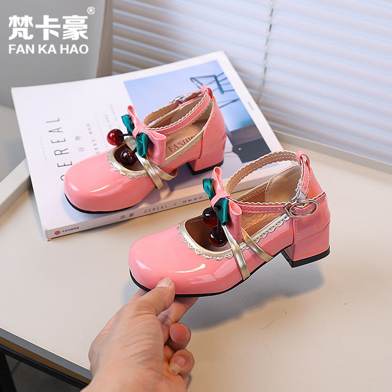 Vancahao kids chunky heel round toe mary jane leather shoes  new girls' cute bow princess shoes