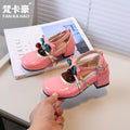 Vancahao kids chunky heel round toe mary jane leather shoes  new girls' cute bow princess shoes
