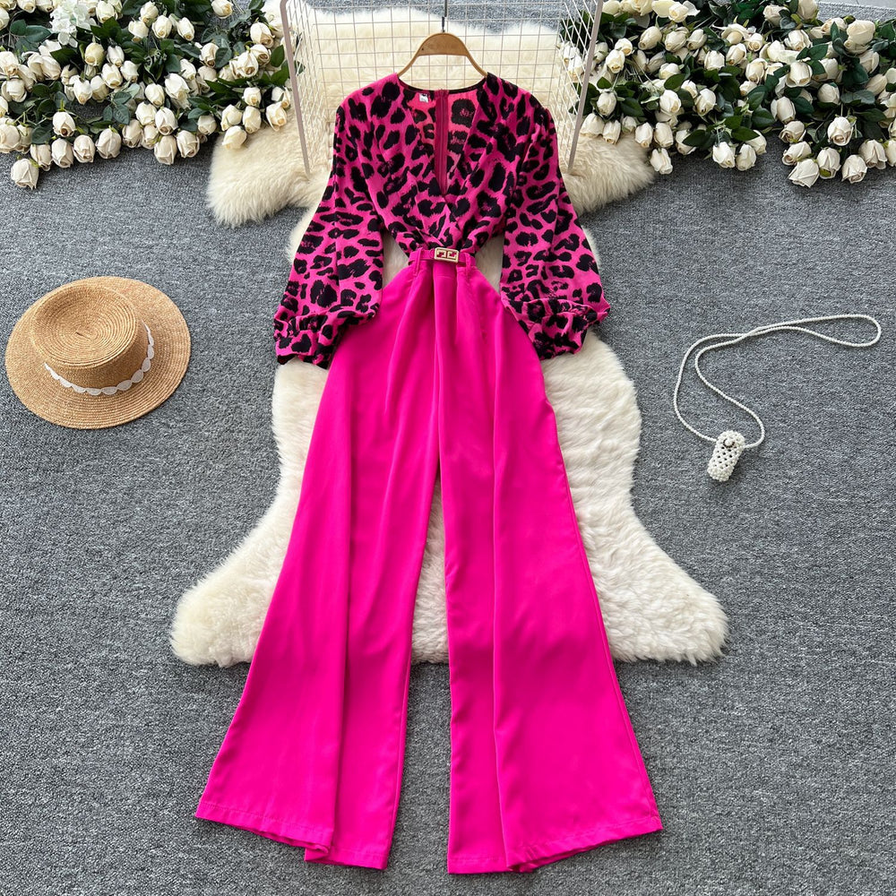 Accessible luxuryfashionclassy sense leopard print jumpsuit women's autumn puff sleeves cross collar wide leg drapedilm slimming look royal sister pants