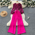 Accessible luxuryfashionclassy sense leopard print jumpsuit women's autumn puff sleeves cross collar wide leg drapedilm slimming look royal sister pants