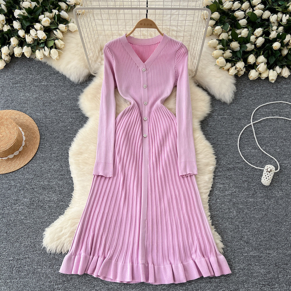 Fall and winter inner wear knittingdress female socialite elegantclassy sense v neck single breasted waist slimming looksweater long skirt