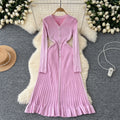 Fall and winter inner wear knittingdress female socialite elegantclassy sense v neck single breasted waist slimming looksweater long skirt