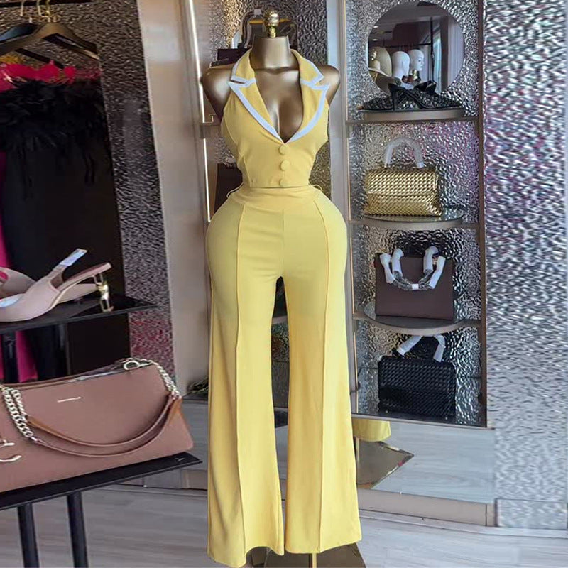 European and american women's clothing  autumn new collection: sweet and fresh sleeveless vest with suit collar and high-waisted straight-leg pants two-piece set