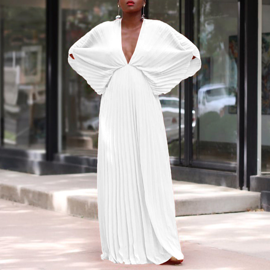C8538  cross-border plus size women's summer european and american v-neck batwing sleeve loose casual pleated foreign trade dress