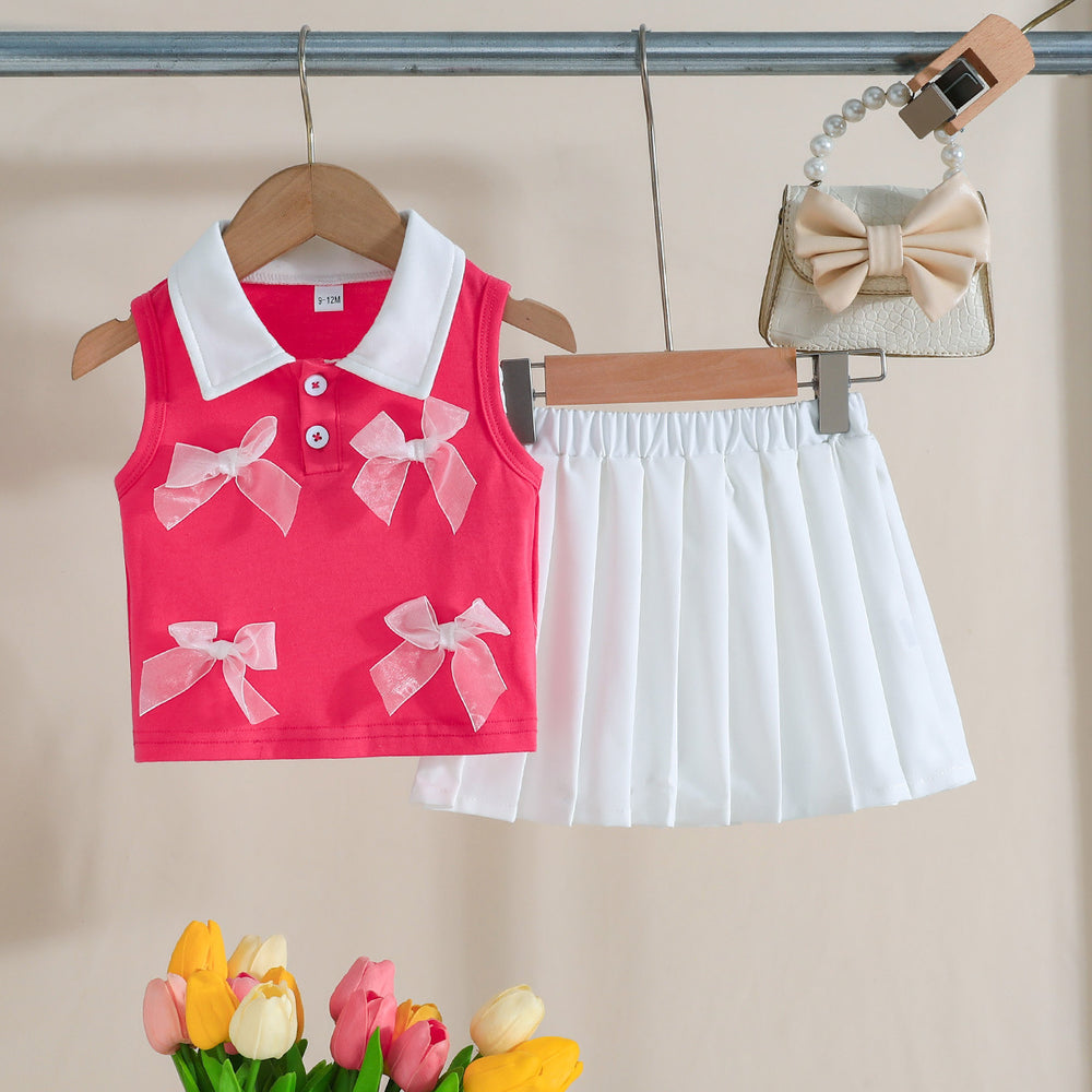 cross-border hot seller: girls' color block polo tank top and pleated skirt set with 3d bow two-piece outfit