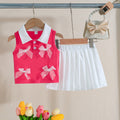 cross-border hot seller: girls' color block polo tank top and pleated skirt set with 3d bow two-piece outfit