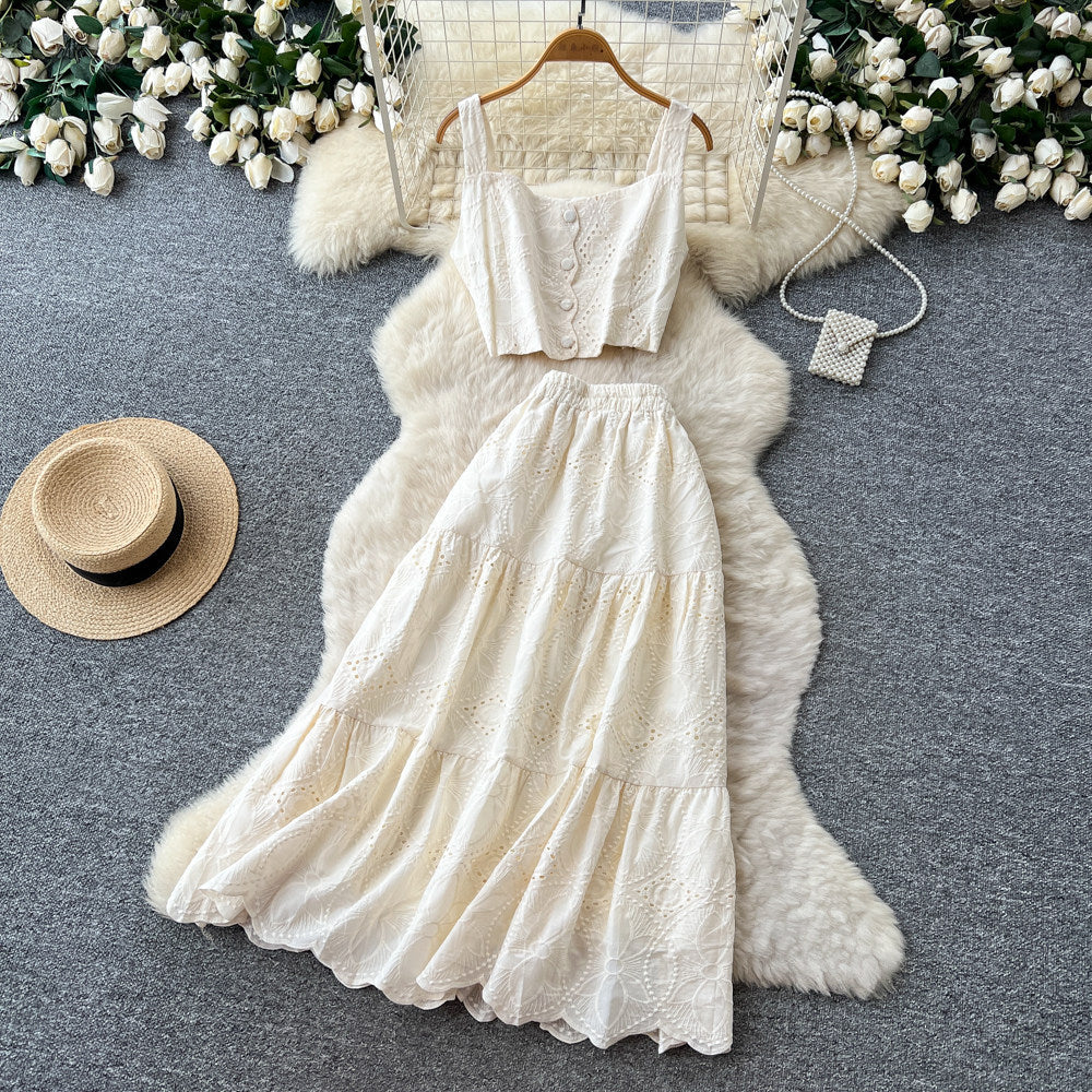Super fairy holiday style cut outembroider camisole high waist skirt women's summer two-piece set silmelegantsuit