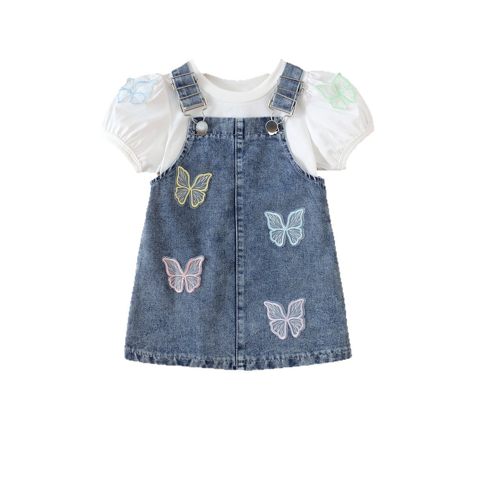 Children's clothing cross-border european and american girls white short-sleeved t-shirt + blue suspender skirt two-piece set