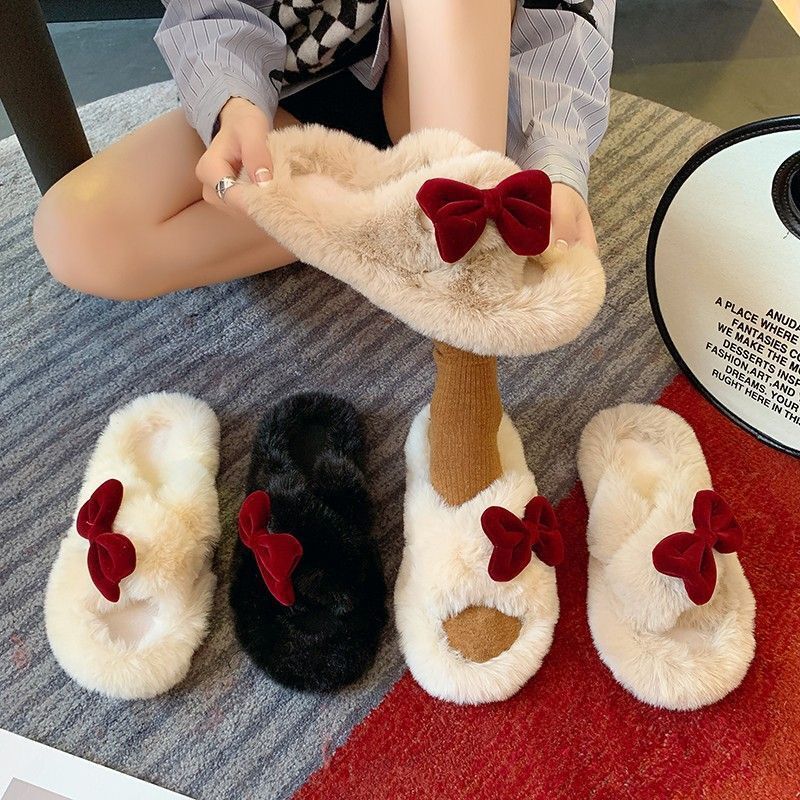 Thick sole cotton slippers for women autumn winteroutwear2024new arrivalpopularbowsbowsoutwearins furry slippers