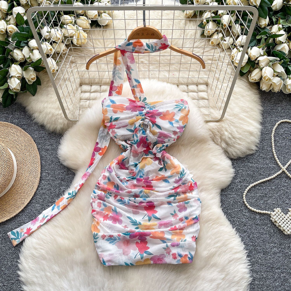 Small fresh haltercut out floral dress women's summer sleeveless waist slimming look hip-covering short skirt holiday style