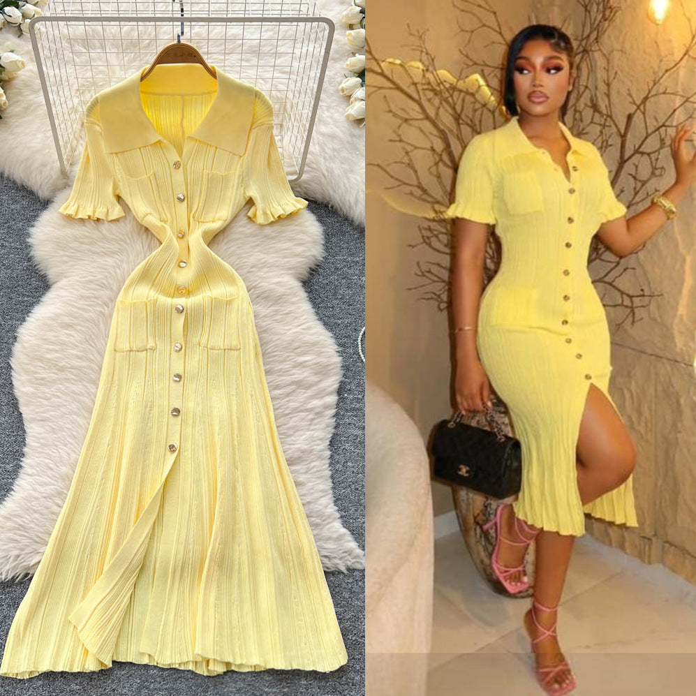 Korean style minimalist design turn-down collar knitted dress - women's summer slim fit, single-breasted, elegant long dress