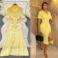Korean style minimalist design turn-down collar knitted dress - women's summer slim fit, single-breasted, elegant long dress