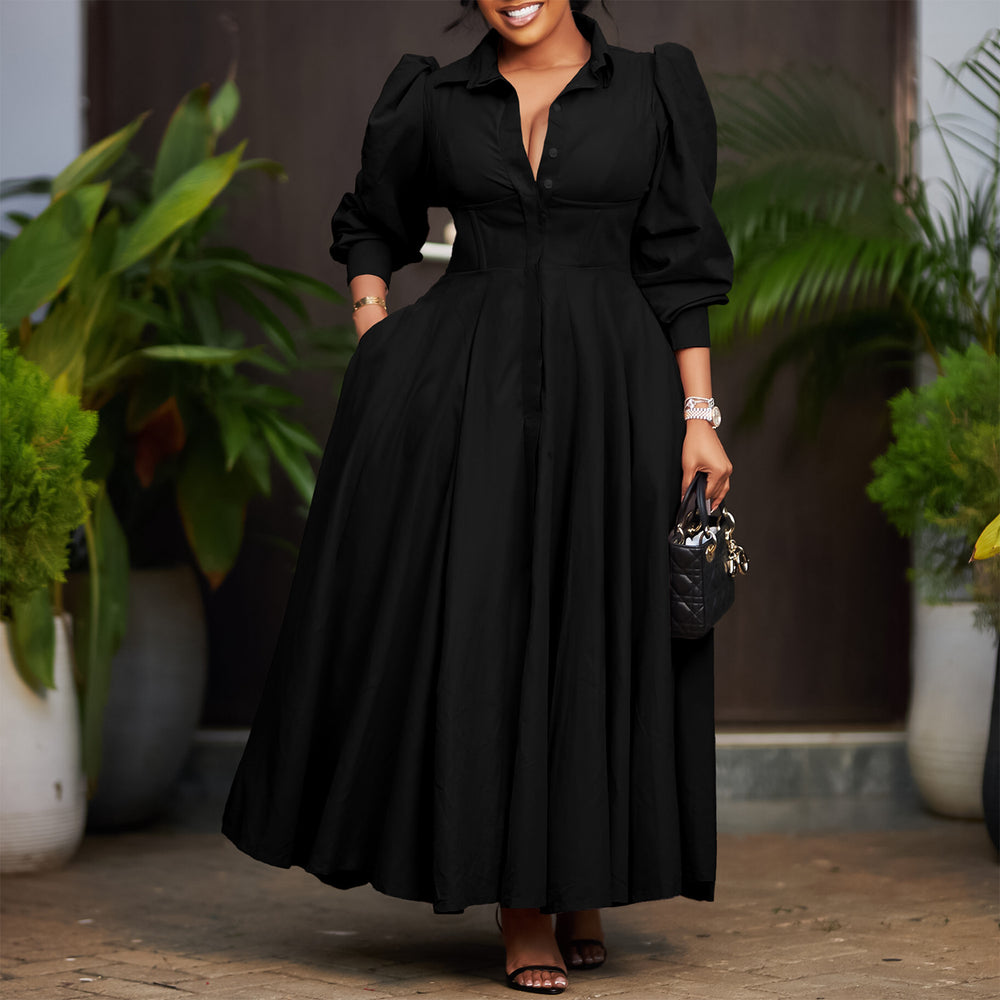 D570 cross-border women's elegant long-sleeve a-line shirt dress - stylish solid color mid-length african dress
