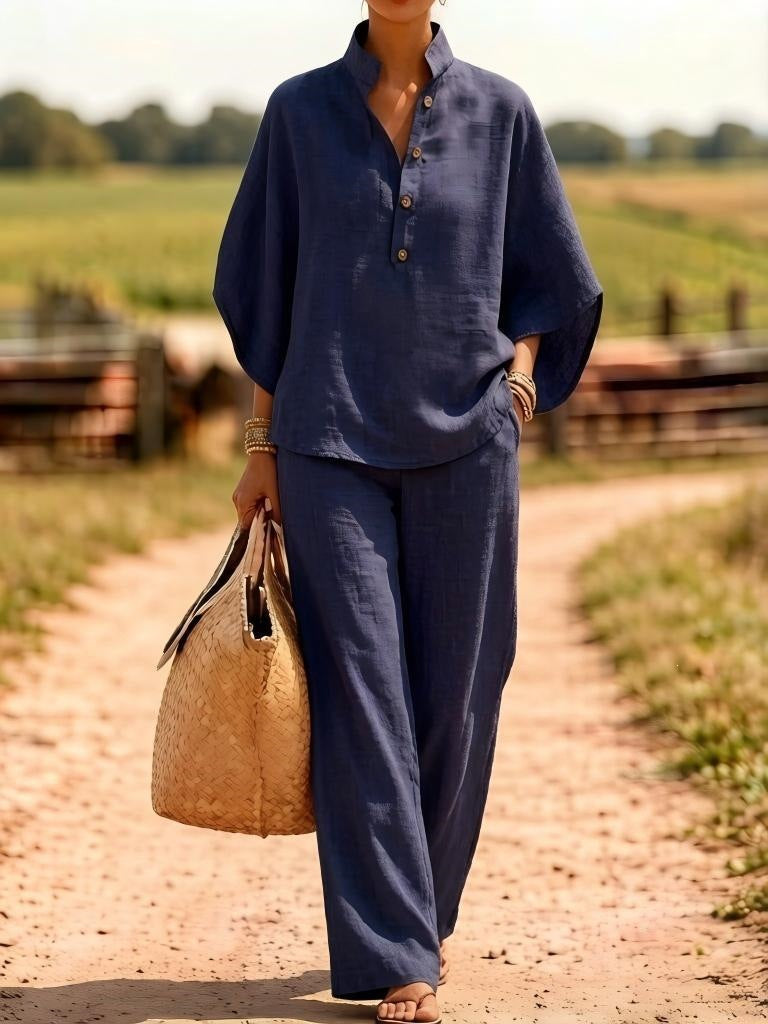 european and american cross-border new spring/summer comfortable casual button-down shirt and wide-leg pants linen two-piece women's set