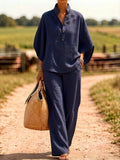 european and american cross-border new spring/summer comfortable casual button-down shirt and wide-leg pants linen two-piece women's set