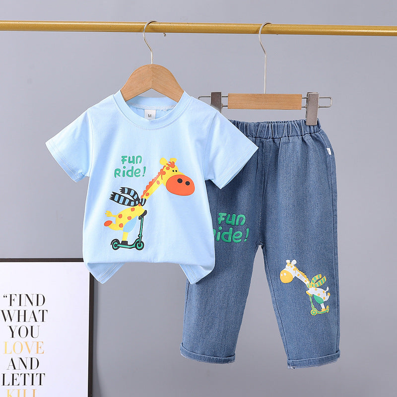 Kids' summer casual outfit: cartoon giraffe print t-shirt + denim shorts two-piece set - wholesale