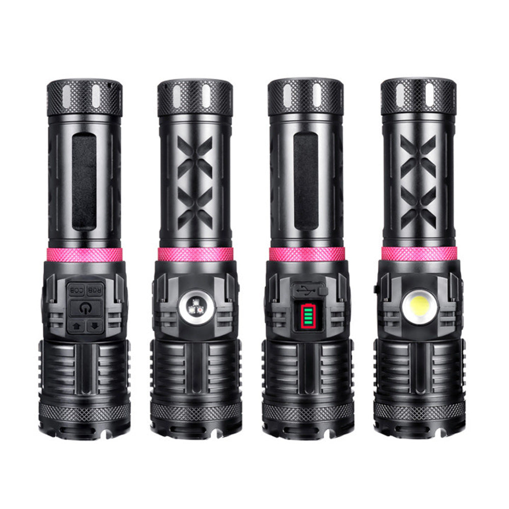 Cross-border new XHP160 high-power flashlight, outdoor strong light with side light red, blue and green LED flashlight