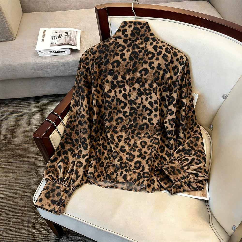 Luxury leopard print blouse with tie-waist, stand collar, and lantern sleeves - elegant workwear for women, 1688 source