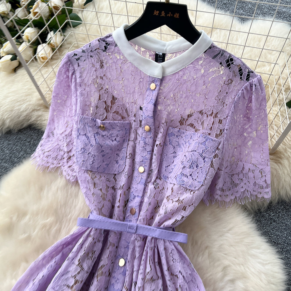 French high-end women's dress -  summer collection: chanel-inspired, cinched waist, single-breasted, elegant lace maxi dress