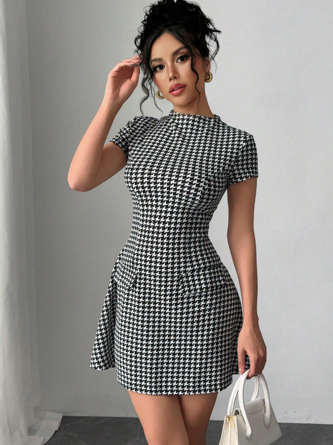 independent station new arrivalfashionelegant silmslimming look round neck beaded grids pattern tweed style mini dress for women