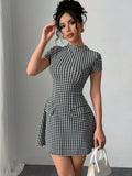 independent station new arrivalfashionelegant silmslimming look round neck beaded grids pattern tweed style mini dress for women