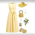 Women's light yellow elegant summer tropical resort tea dress - textured fabric, round neck, tie-waist, a-line silhouette