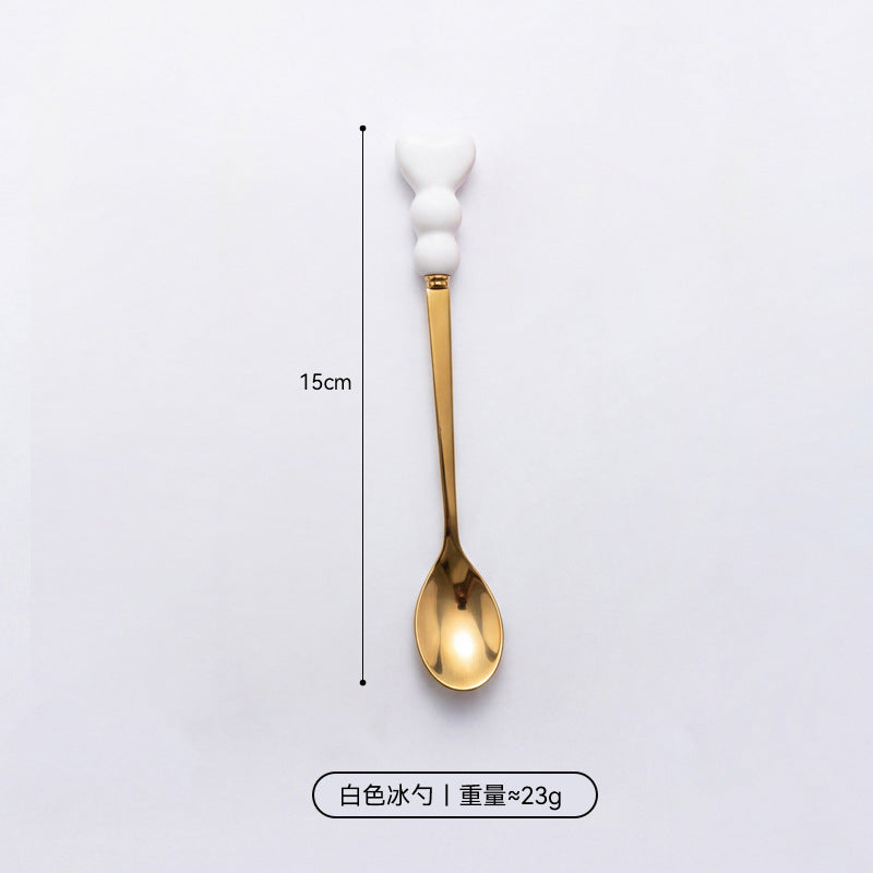 Wow, love handle dessert fork and spoon girl heart afternoon tea spoon high temperature resistant thickened ceramic handle fruit fork