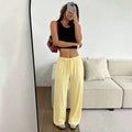 fashion light yellow casual loose pants high waist drawstring draped mop pants thin plaid