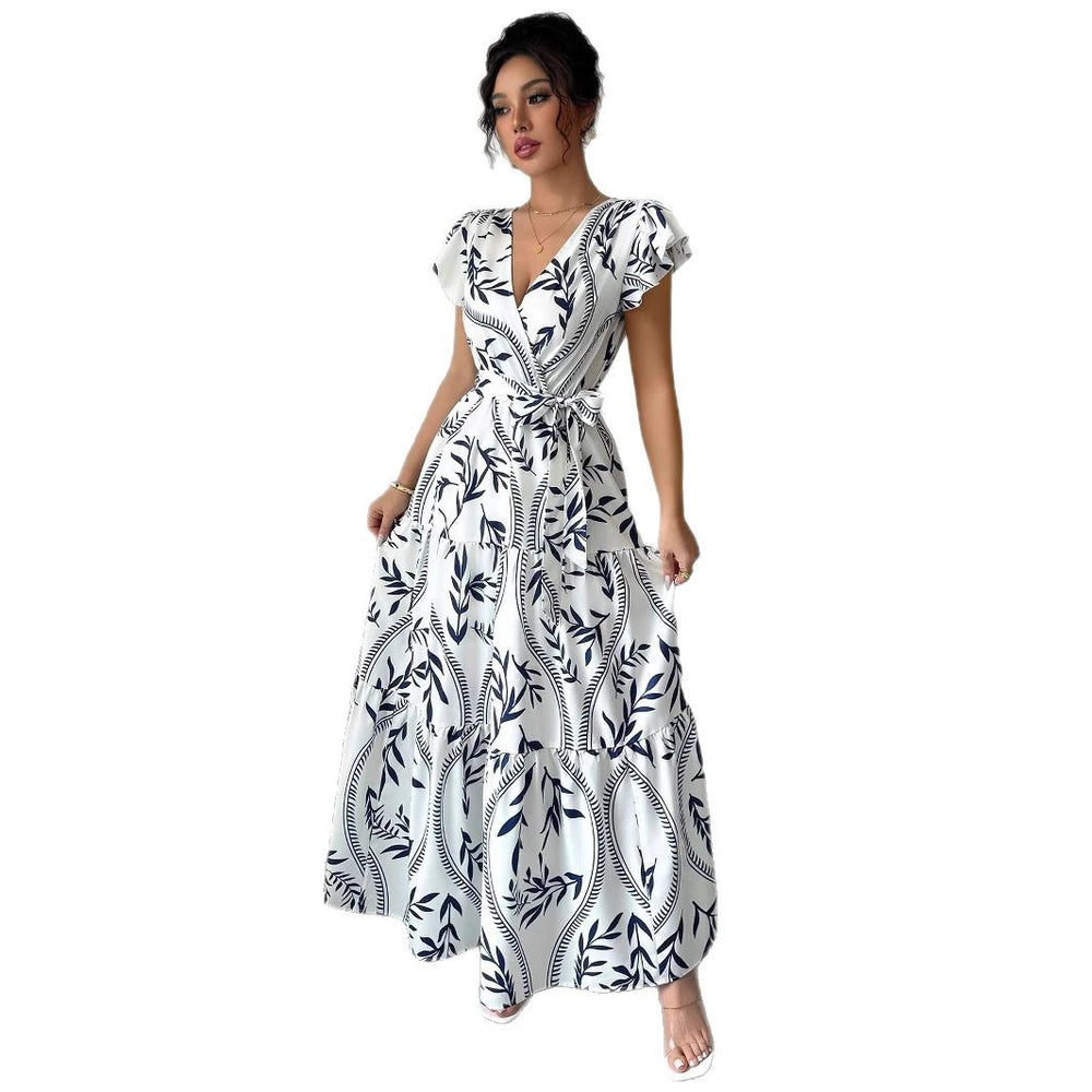 spring/summer  new arrival: printed ruffle trim v-neck sexy slim-fit long dress/gown