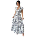 spring/summer  new arrival: printed ruffle trim v-neck sexy slim-fit long dress/gown